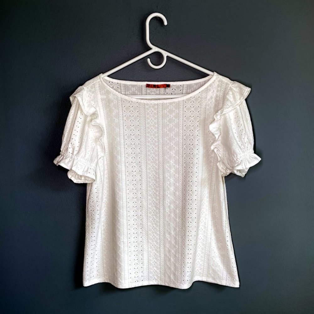 Belldini White Eyelet Ruffle Short Sleeve Top
